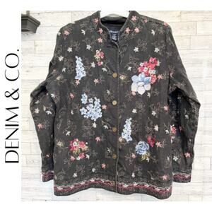 DENIM & CO. Faded Dark Wash Embroidered Denim Jacket, L